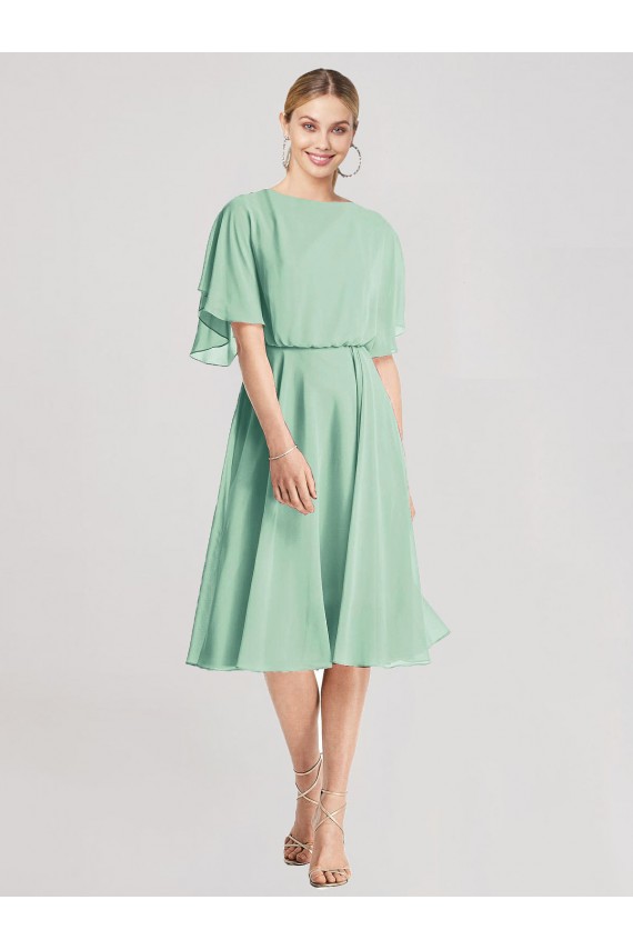 Fábrica de Amarrar para trás Chiffon Comprimento Joelho Mangas Esvoaçantes Vestidos de Madrinha