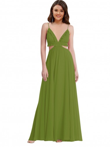 Fábrica de Abrir de volta Chiffon Decote V Comprimento Chão Sem Mangas Verde Oliva Vestidos de Madrinha