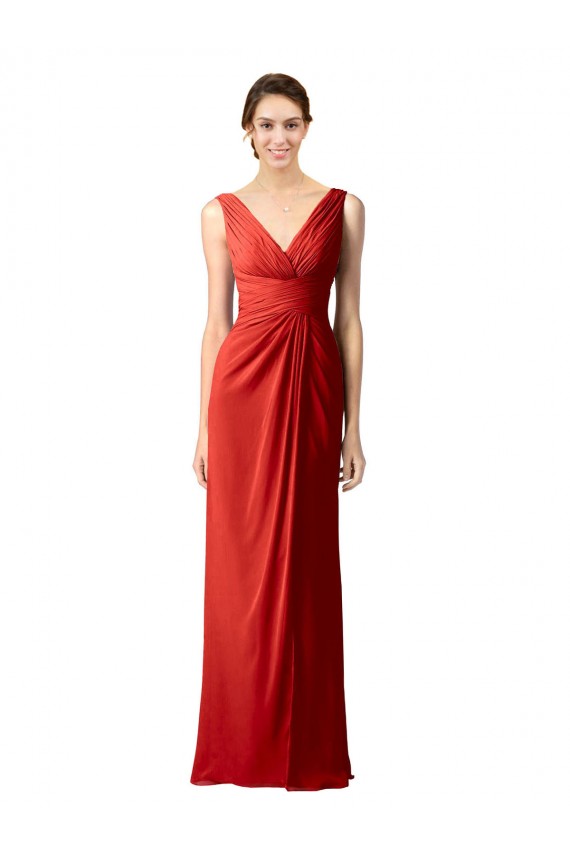 Fábrica de Costas em V Chiffon Decote V Comprimento Chão Sem Mangas Bainha Vestidos de Madrinha