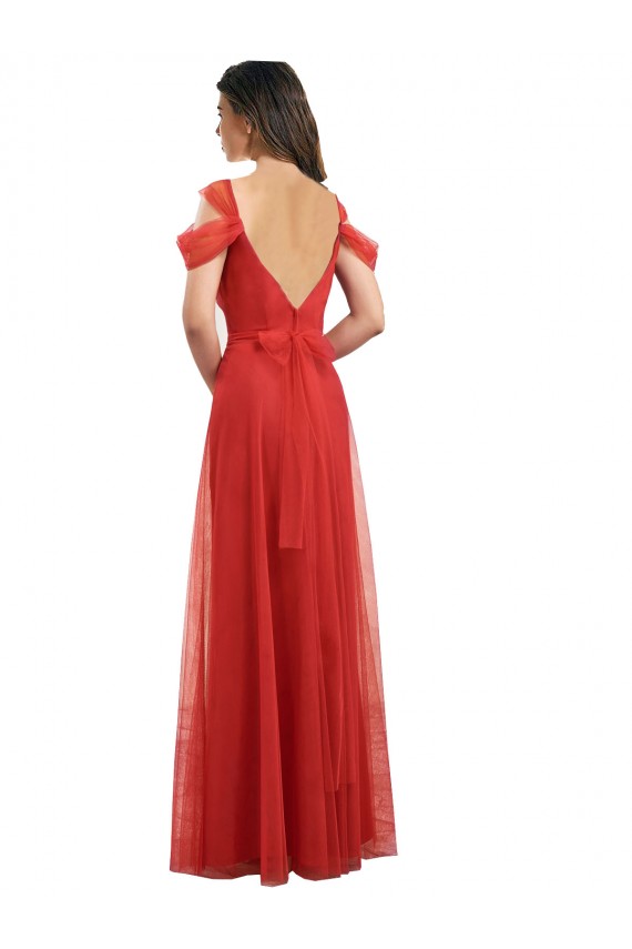 Fábrica de Costas em V Tule Amor Comprimento Chão Ombro Frio Vestidos de Madrinha