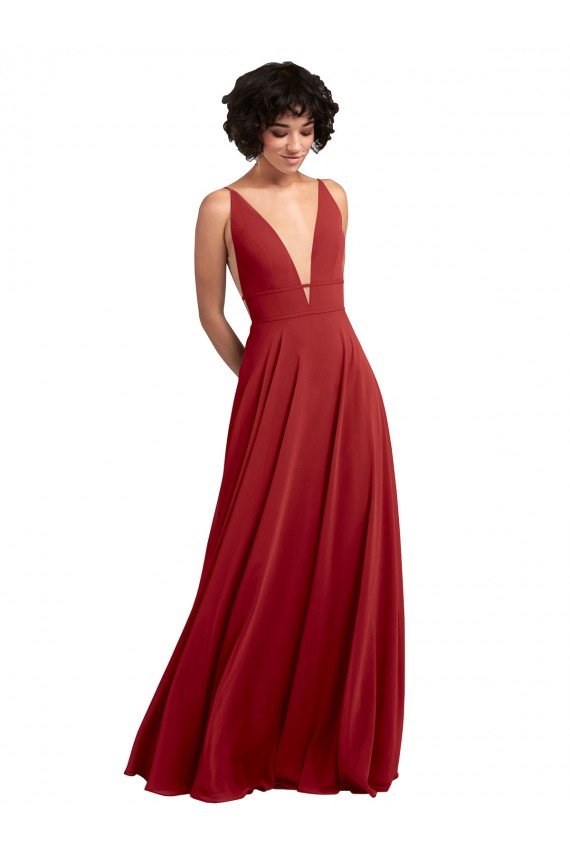 Fábrica de Costas em V Chiffon Decote V Comprimento Chão Sem Mangas Vermelho Vestido de Madrinha