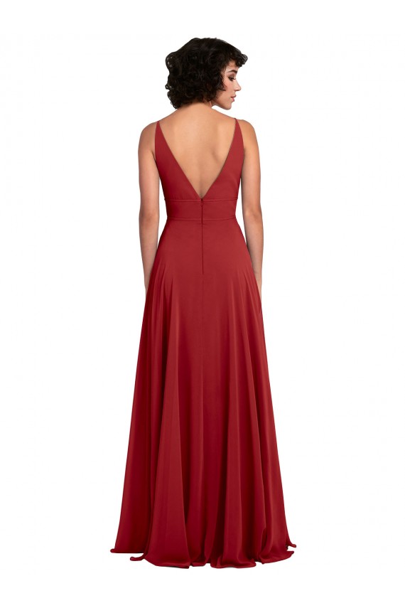 Fábrica de Costas em V Chiffon Decote V Comprimento Chão Sem Mangas Vermelho Vestido de Madrinha