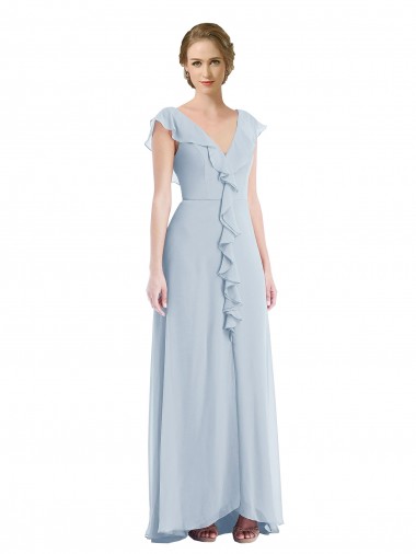 Fábrica de Costas em V Chiffon Decote V Comprimento Chão Sem Mangas Vidro Marinho Vestidos de Madrinha