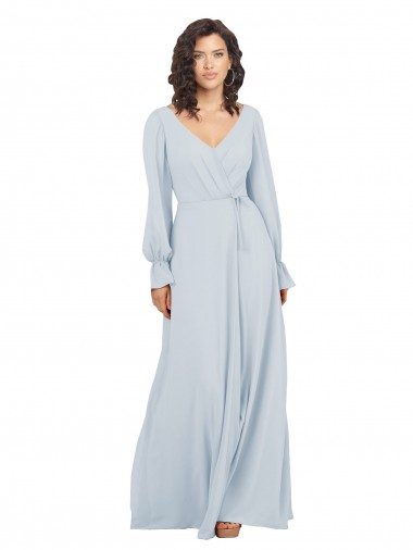 Fábrica de Chiffon Decote V Comprimento Chão Mangas Compridas Vestidos de Madrinha
