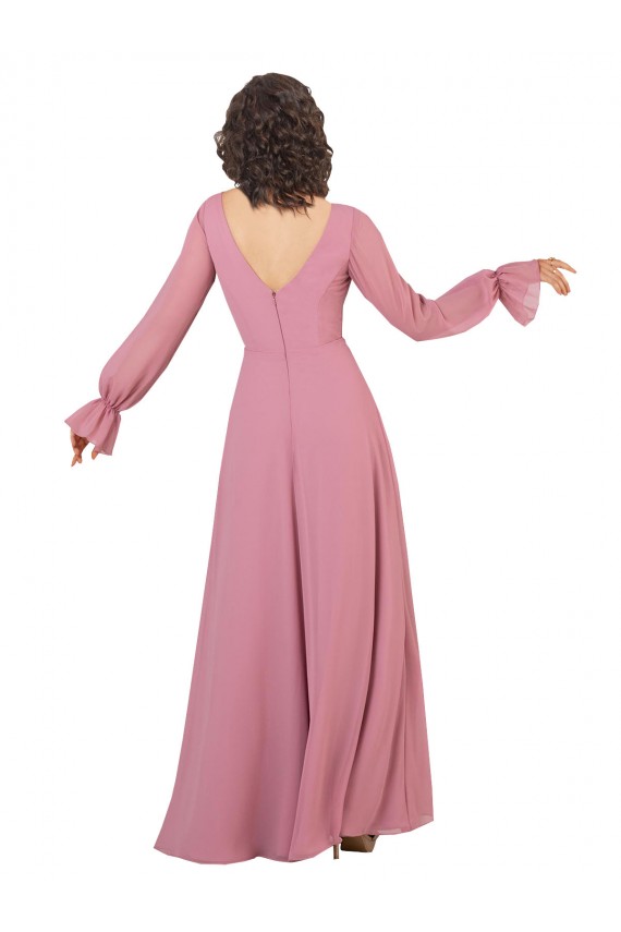 Fábrica de Chiffon Decote V Comprimento Chão Mangas Compridas Vestidos de Madrinha