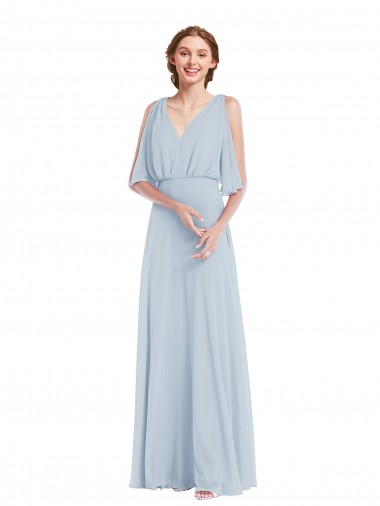 Fábrica de Chiffon Decote V Comprimento Chão Mangas Divididas Vestidos de Madrinha