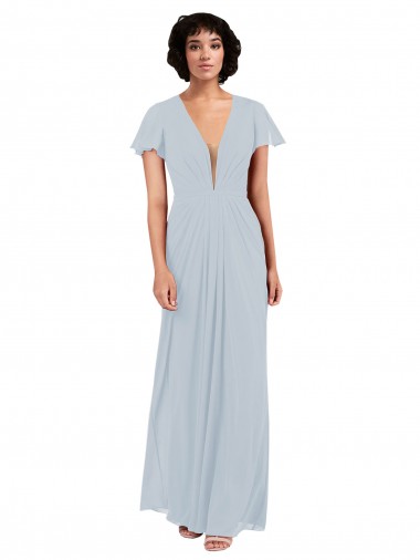 Fábrica de Chiffon Decote V Comprimento Chão Mangas Esvoaçantes, Mangas Curtas Vestidos de Madrinha