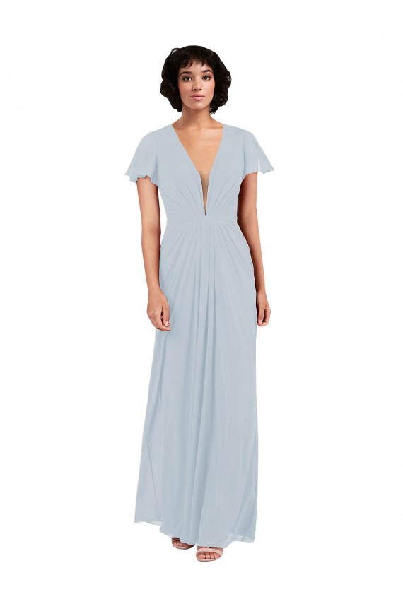 Fábrica de Chiffon Decote V Comprimento Chão Mangas Esvoaçantes, Mangas Curtas Vestidos de Madrinha
