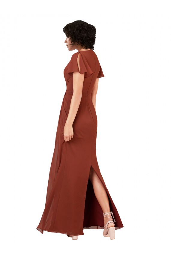Fábrica de Chiffon Decote V Comprimento Chão Mangas Esvoaçantes, Mangas Curtas Vestidos de Madrinha