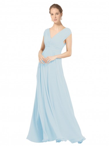 Fábrica de Chiffon Decote V Comprimento Chão Sem Mangas Longo Vidro Marinho Vestidos de Madrinha