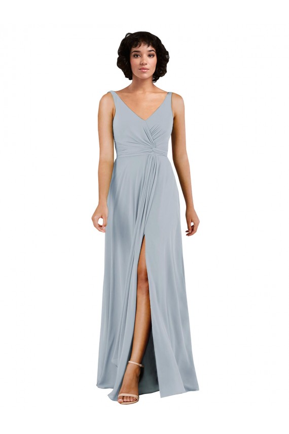 Fábrica de Lombar Chiffon Decote V Comprimento Chão Sem Mangas Coluna Vestidos de Madrinha