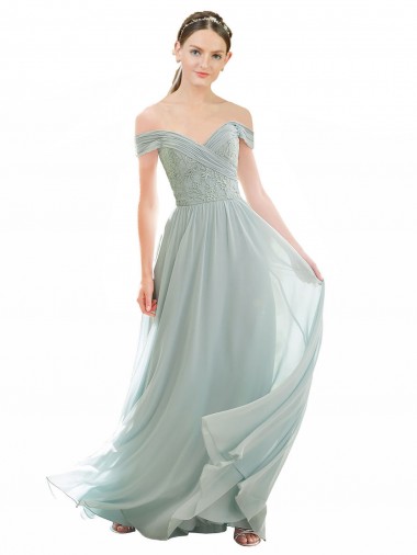 Fábrica de Chiffon & Renda Fora do Ombro Comprimento Chão Mangas Curtas Longo Vestidos de Madrinha