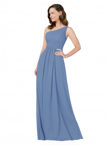 Fábrica de Chiffon Um Ombro Comprimento Chão Sem Mangas Longo Windsor Azul Vestidos de Madrinha