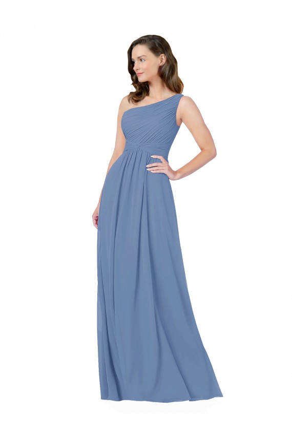 Fábrica de Chiffon Um Ombro Comprimento Chão Sem Mangas Longo Windsor Azul Vestidos de Madrinha