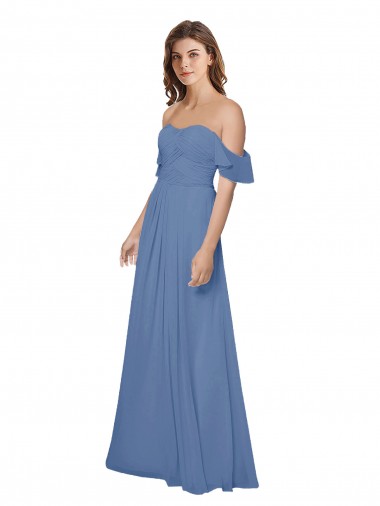 Fábrica de Abrir de volta Chiffon Fora do Ombro Comprimento Chão Mangas Esvoaçantes Vestidos de Madrinha